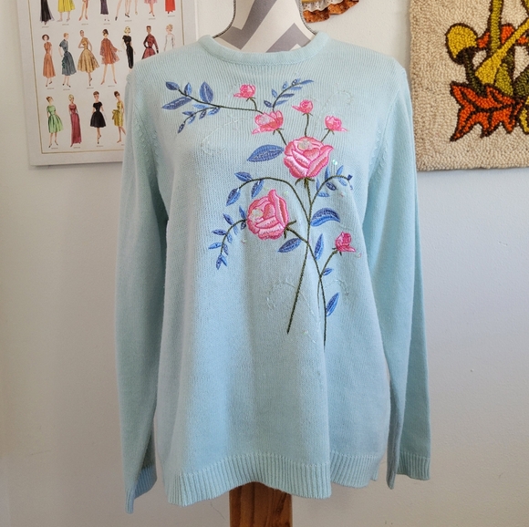 Adrian Delafield | Vintage Mint + Embellished Embroidered Floral Sweater - Picture 1 of 6